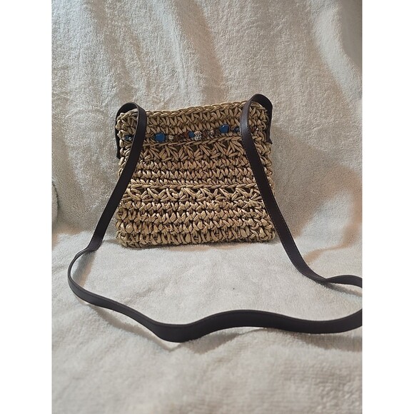 Straw Purse Handbag Tote Zipper w/ Brown Strap Boho Approx 8”x9”/Drop Length 20” - Picture 1 of 4